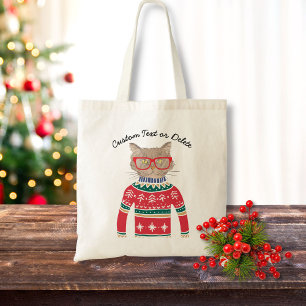 Grappige kat draagt lelijke kerst trui op maat tote bag