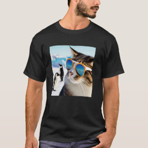 Grappige kat draagt zonnebril met pinguïns in Anta T-shirt