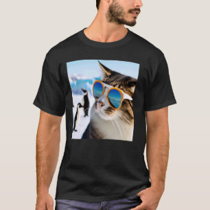 Grappige kat draagt zonnebril met pinguïns in Anta T-shirt