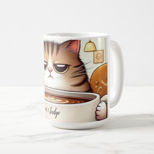 Grappige kat drink een grote kop koffie. (Voorkant rechts)