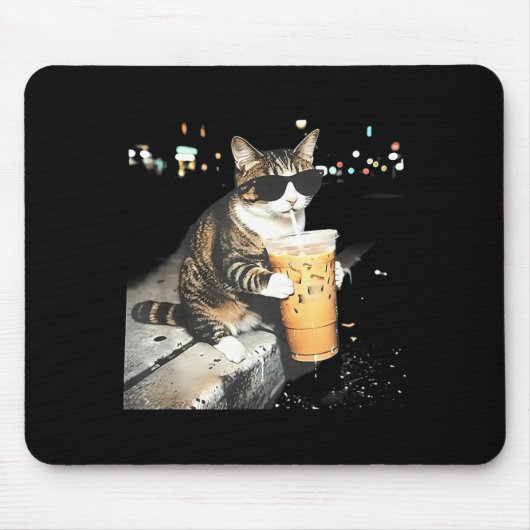 Grappige kat drinkt ijskoude koffie muismat (Voorkant)