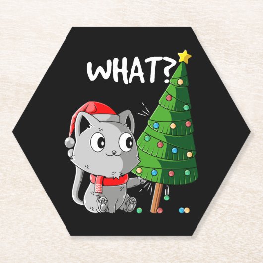 Grappige kat duwt kerstboom om Kat wat kerst Kartonnen Onderzetters (Voorkant)