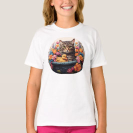 Grappige kat & eend in een mand met bloemen T-shir T-shirt