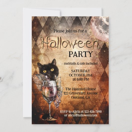 Grappige kat en cocktail Halloween Party Kaart (Voorkant)