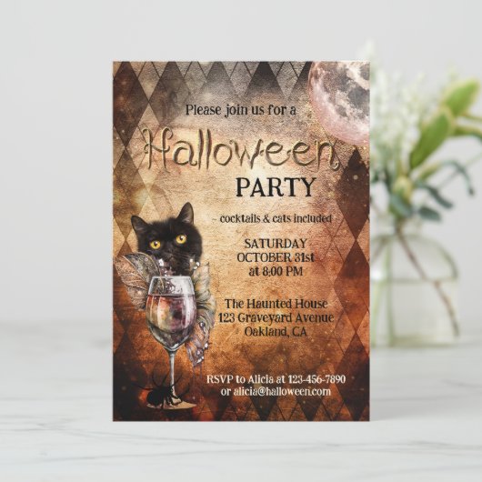 Grappige kat en cocktail Halloween Party Kaart (Staand voorkant)