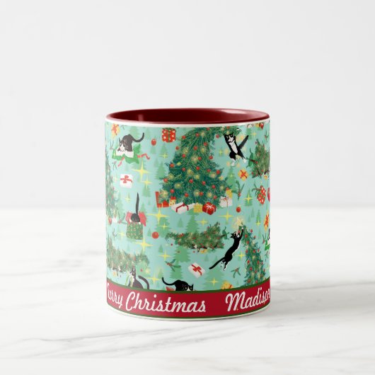 Grappige kat en de kerstboom gepersonaliseerd tweekleurige koffiemok (Center)