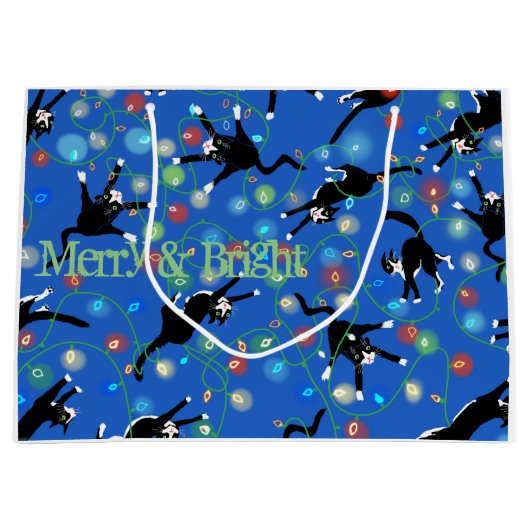 Grappige kat en de kerstverlichting groot cadeauzakje (Voorkant)