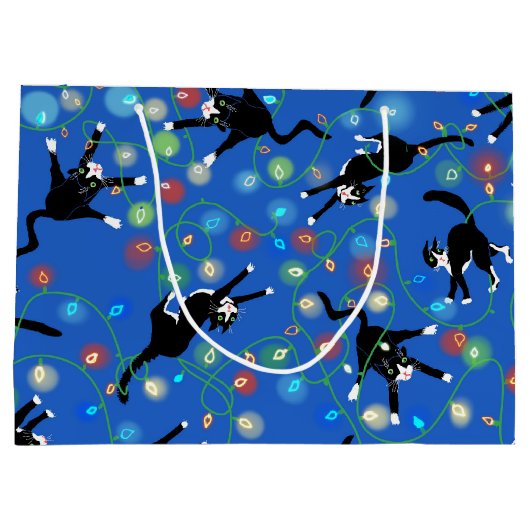 Grappige kat en de kerstverlichting groot cadeauzakje (Achterkant)