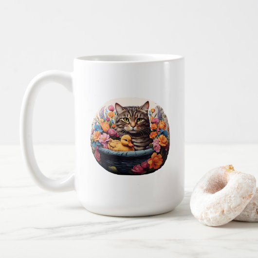 Grappige kat en eend in een mand met bloemen koffiemok (Met donut)