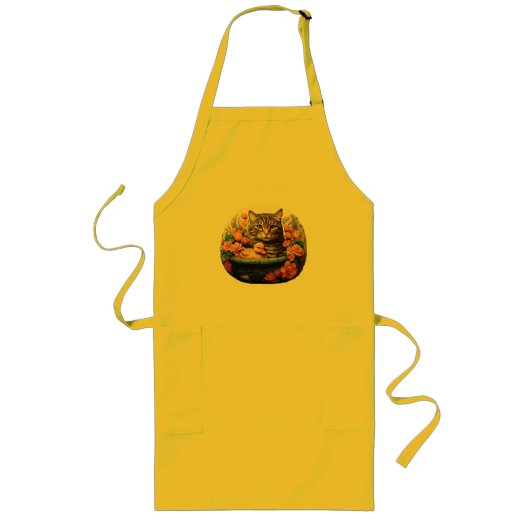 Grappige kat en eend in een mand met bloemen lang schort (Voorkant)