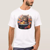 Grappige kat en eend in een mand met bloemen t-shirt (Voorkant)