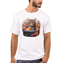 Grappige kat en eend in een mand met bloemen