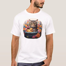 Grappige kat en eend in een mand met bloemen t-shirt
