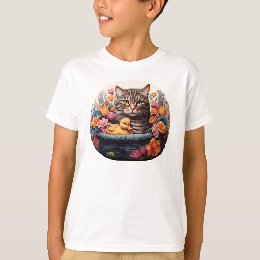Grappige kat en eend in een mand met bloemen t-shirt (Voorkant)