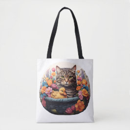Grappige kat en eend in een mand met bloemen tote bag