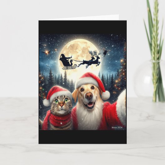 Grappige kat en hond selfie met kerstman Kerstmis Kaart (Voorkant)