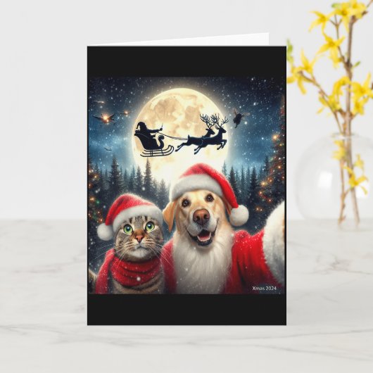 Grappige kat en hond selfie met kerstman Kerstmis Kaart (Gele Bloem)