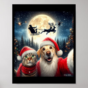 Grappige kat en hond selfie met kerstman Kerstmis Poster