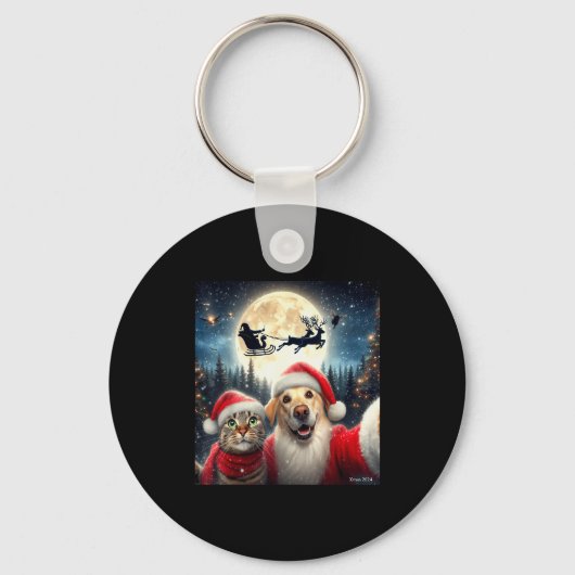 Grappige kat en hond selfie met kerstman Kerstmis Sleutelhanger (Voorkant)