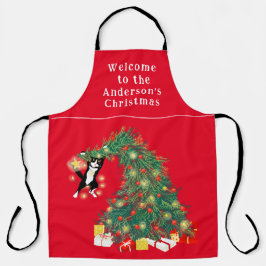 Grappige kat en kerstboom gepersonaliseerd rood schort