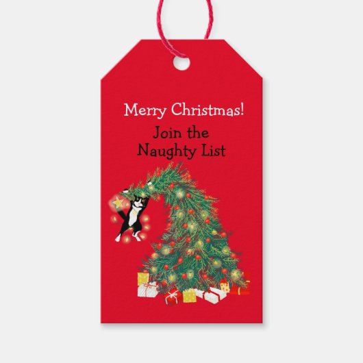 Grappige Kat en Kerstboom Ondeugende Lijst Cadeaulabel (Voorkant)