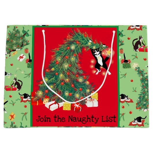 Grappige Kat en Kerstboom Prouble Custom Groen Groot Cadeauzakje (Voorkant)