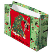 Grappige Kat en Kerstboom Prouble Custom Groen Groot Cadeauzakje (Voorkant Gekanteld)