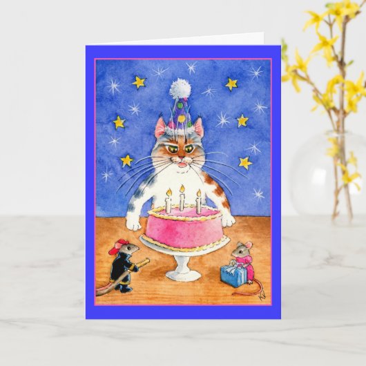 Grappige kat en muis verjaardag kaart (Gele Bloem)