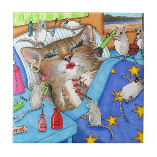 Grappige kat en muizen make-up 508 tegeltje (Voorkant)