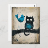 Grappige kat en vogel op een tak briefkaart (Voorkant / Achterkant)