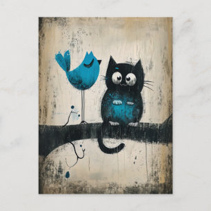 Grappige kat en vogel op een tak briefkaart