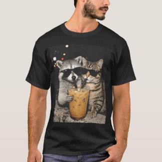 Grappige kat en wasbeer die ijskoude koffie drinke t-shirt