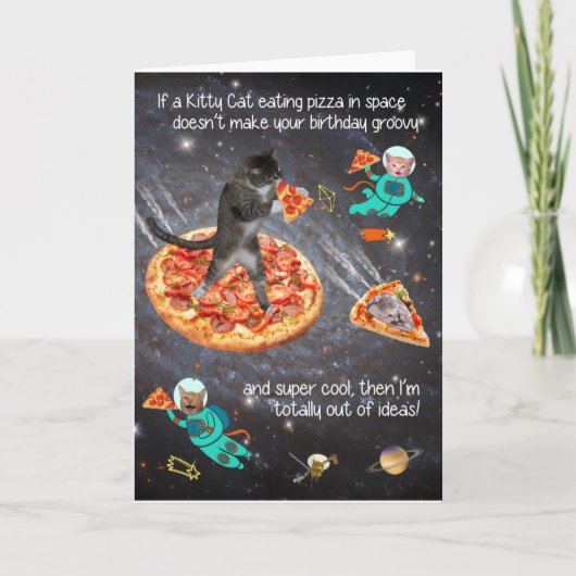 Grappige kat eten pizza verjaardag Wenskaart Kaart (Voorkant)