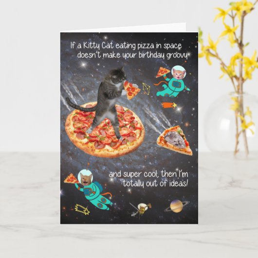 Grappige kat eten pizza verjaardag Wenskaart Kaart (Gele Bloem)