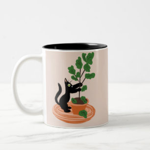 Grappige kat figurenboom in pot handgetekend tweekleurige koffiemok
