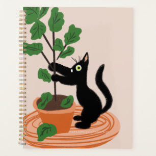 Grappige kat figurenboom in pot handgetekende planner