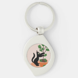 Grappige kat figurenboom in pot handgetekende      sleutelhanger