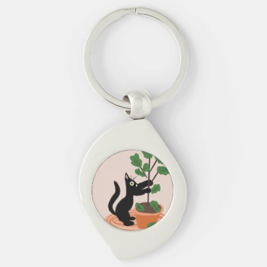 Grappige kat figurenboom in pot handgetekende      sleutelhanger (Voorkant)