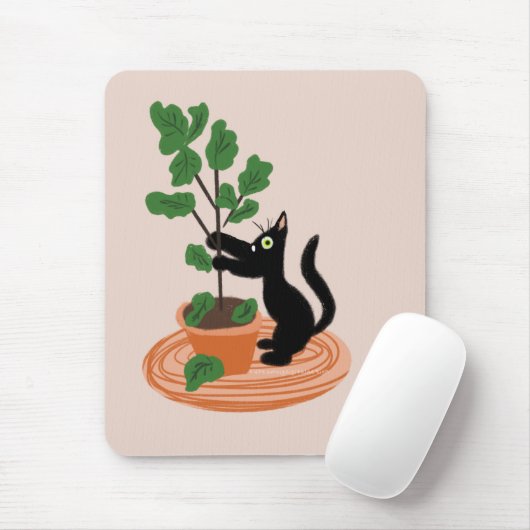 Grappige kat figuur boom in pot handgetekend muismat (Met muis)
