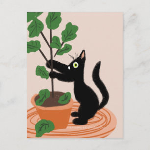 Grappige kat figuur boom in pot handgetekende plan briefkaart