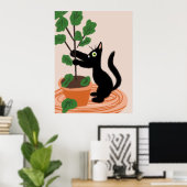 Grappige kat figuur boom in pot handgetekende plan poster (Thuiskantoor)