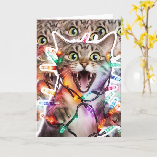 Grappige kat gevouwen kerst Kaart (Gele Bloem)