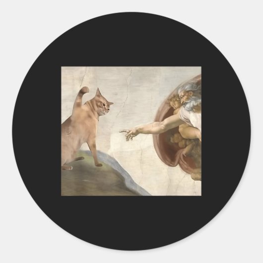 Grappige kat God Schepping van Adam Meme Jezus Ronde Sticker (Voorkant)
