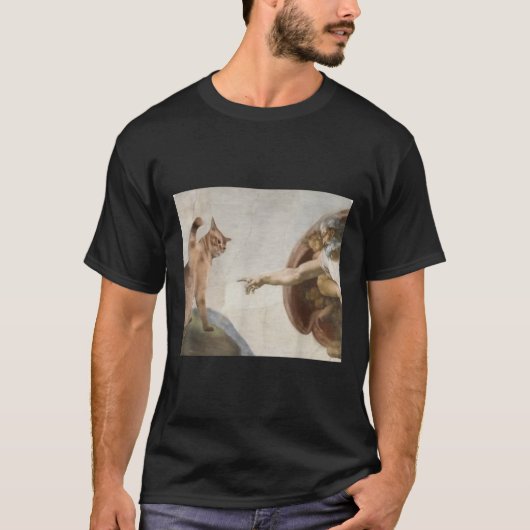 Grappige kat God Schepping van Adam Meme Michelang T-shirt (Voorkant)