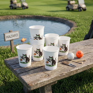 Grappige kat golfer vissen water hindernis papieren bekers