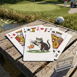 Grappige kat golfer vissen water hindernis pokerkaarten
