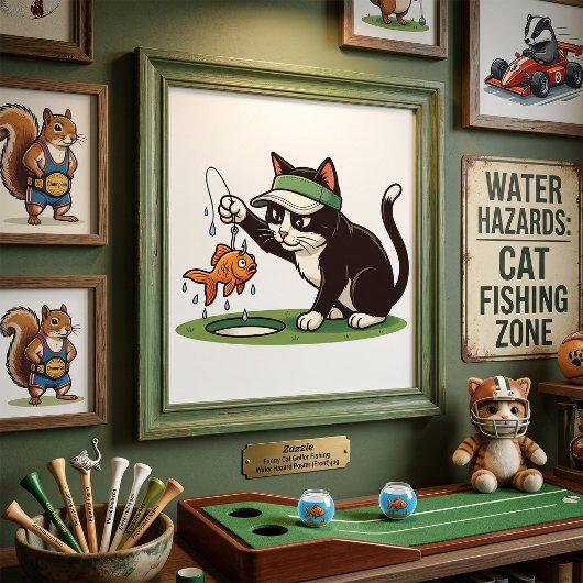 Grappige kat-golfer vist in waterhindernis poster