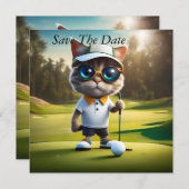 Grappige kat golfspeler, save the date (Voorkant / Achterkant)