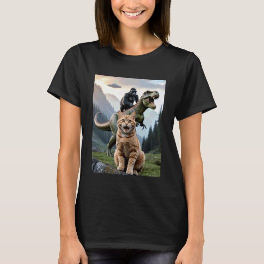 Grappige Kat Gorilla Dinosaurus UFO Meme Absurde H T-shirt (Voorkant)