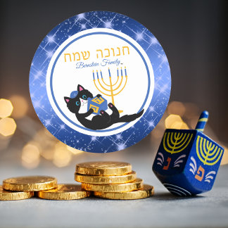 Grappige Kat Goud Menorah Dreidel Hebreeuws Chanoe Ronde Sticker